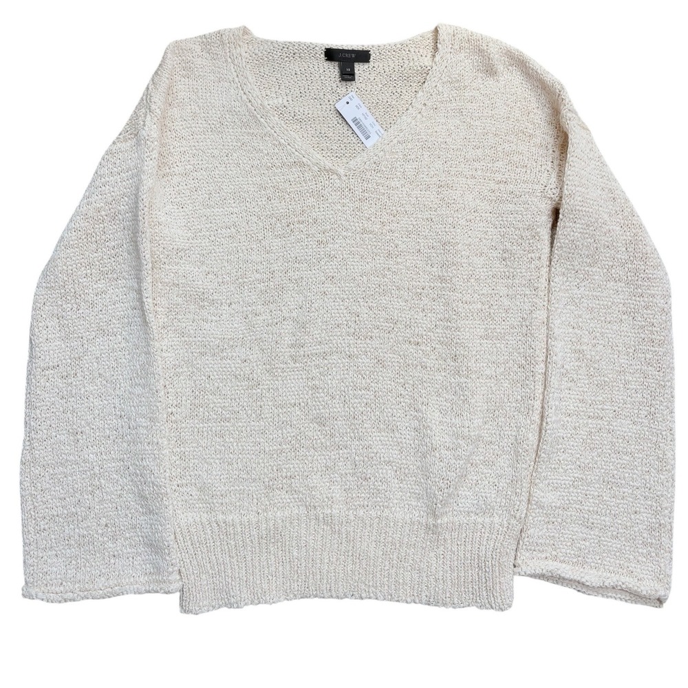 J.Crew Womens NWT V-Neck Textured Cotton Blend Sweater Cream XS‎ H7152 NEW